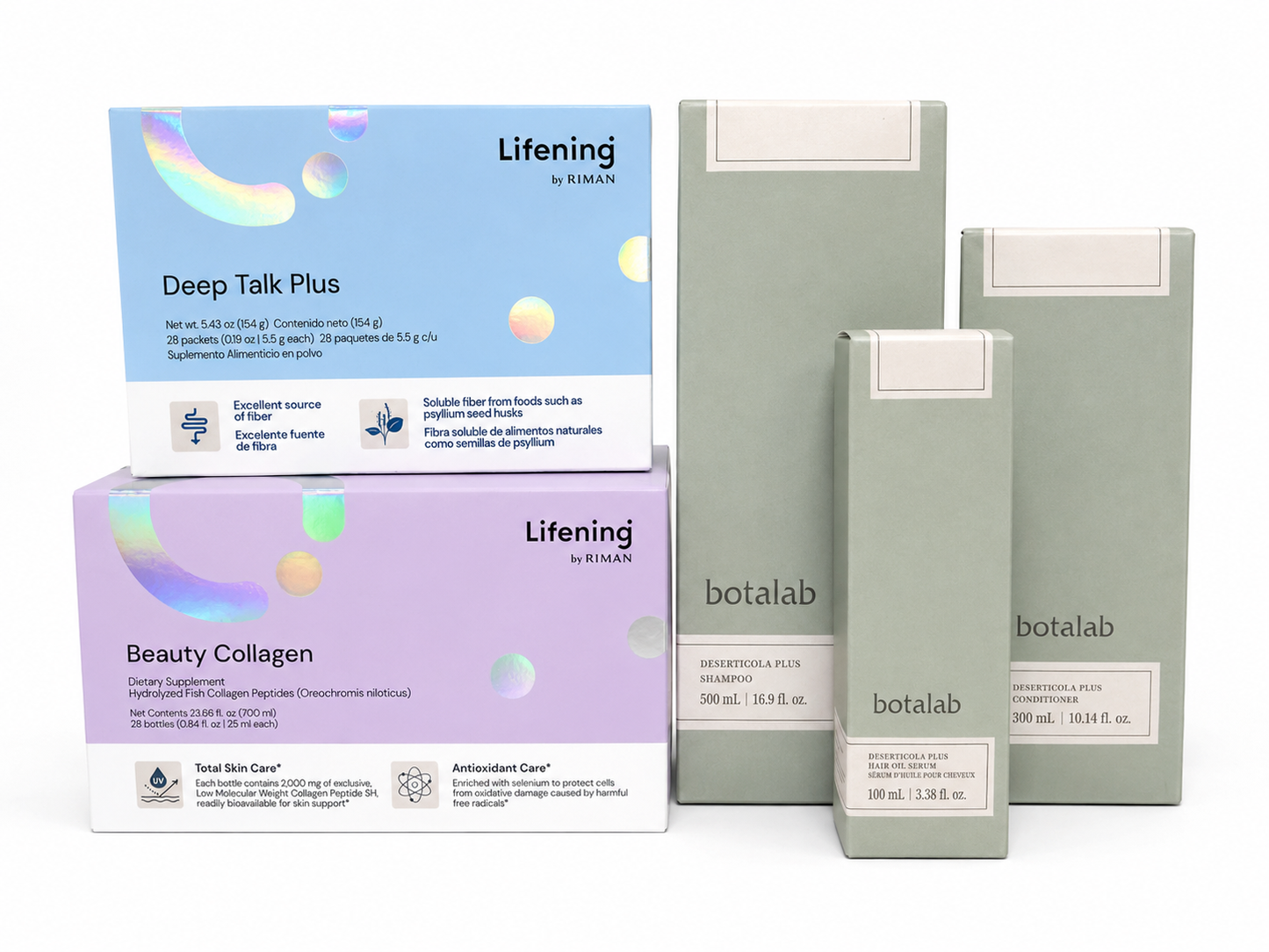 Collection of skincare and supplement products including 'Lifening' and 'botalab' on a white background.