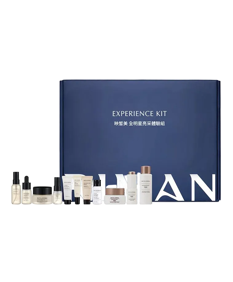 Cosmetic experience kit with various bottles and containers in front of a blue box labeled 'Experience Kit'.