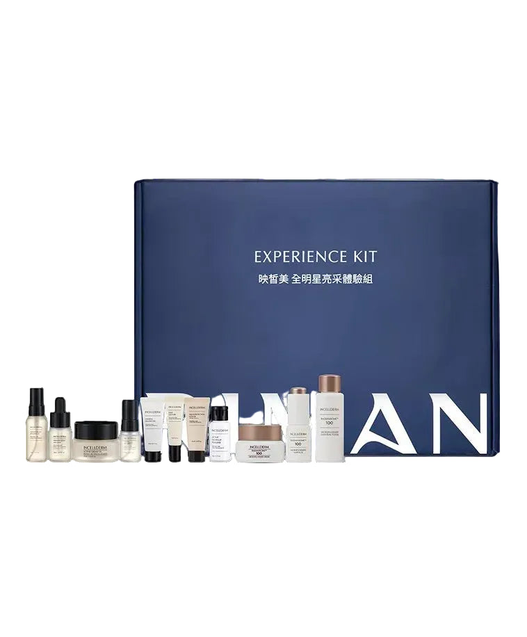 Cosmetic experience kit with various bottles and containers in front of a blue box labeled 'Experience Kit'.