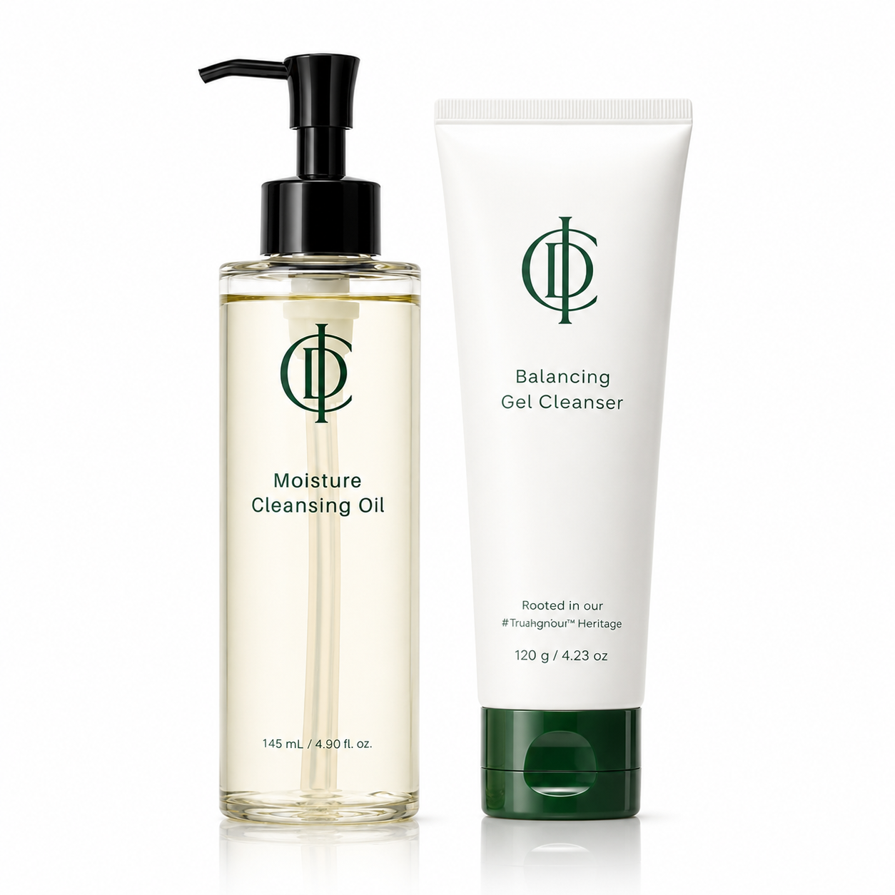 Moisture cleansing oil bottle and balancing gel cleanser tube on a white background