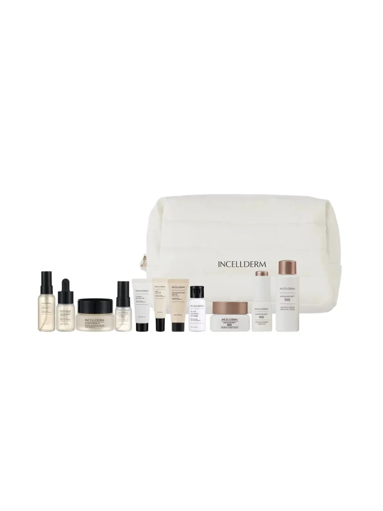 Cosmetic set with various skincare products and a white pouch on a white background