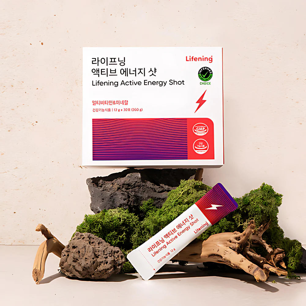 Lifening Active Energy Shot packaging with a shot tube on a natural background