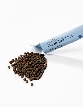 Tube labeled 'Lifening Deep Talk Plus' with brown pellets on a white background