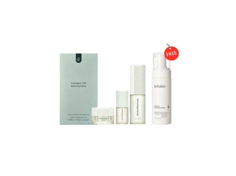Skincare product set with bottles and a box on a white background
