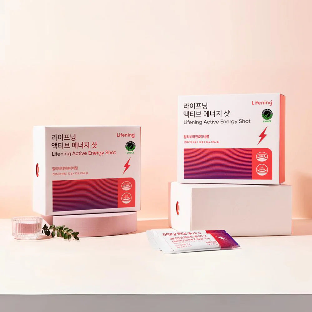 Lifening Active Energy Shot packaging on a light pink background