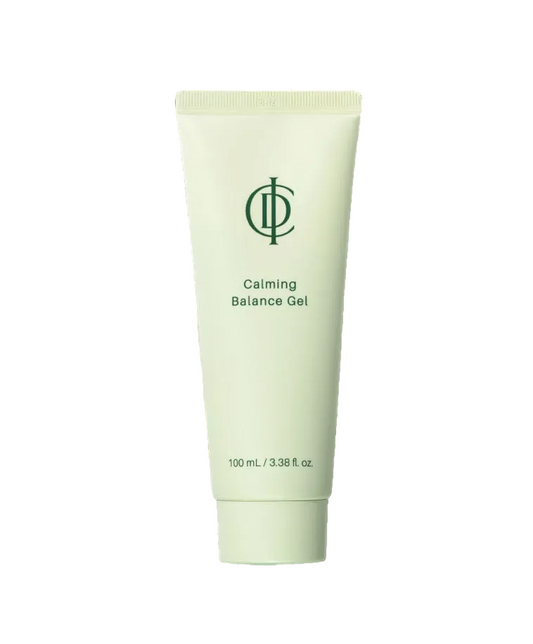 Tube of calming balance gel with a sample on a white background