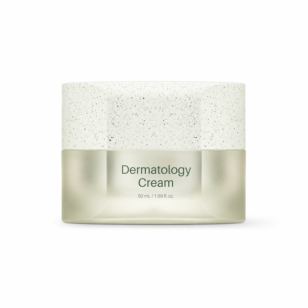 Dermatology cream jar with speckled texture on a white background