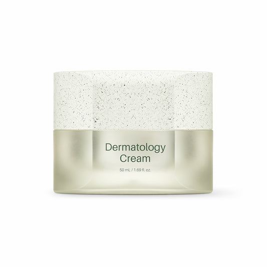 Dermatology cream jar with speckled texture on a white background