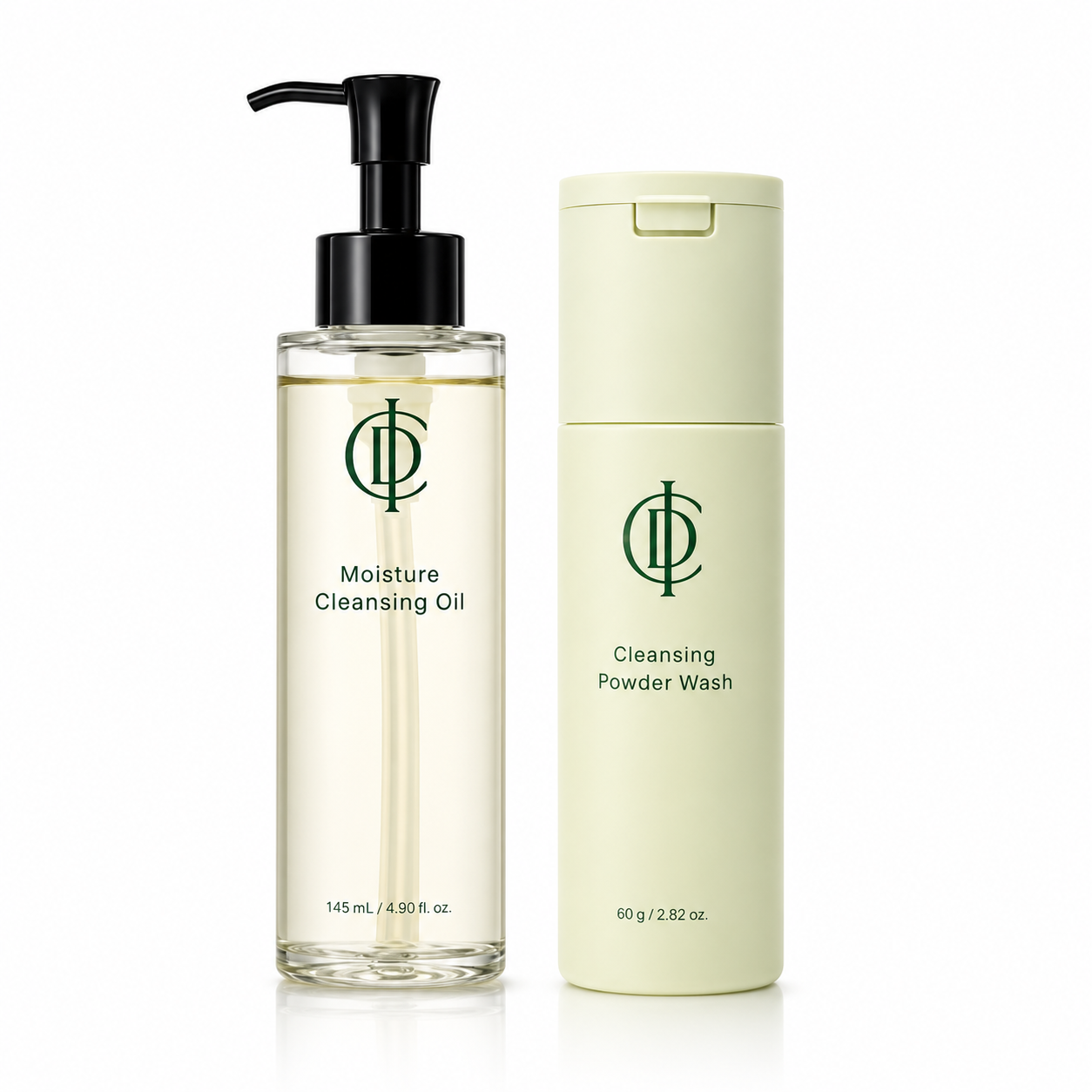 Two skincare products, a bottle of 'Moisture Cleansing Oil' and a can of 'Cleansing Powder Wash', on a white background.