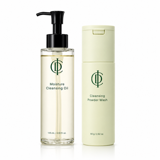 Two skincare products, a bottle of 'Moisture Cleansing Oil' and a can of 'Cleansing Powder Wash', on a white background.