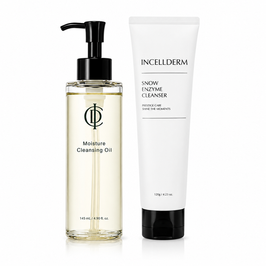 Two skincare products, a bottle of Moisture Cleansing Oil and a tube of Snow Enzyme Cleanser, on a white background.