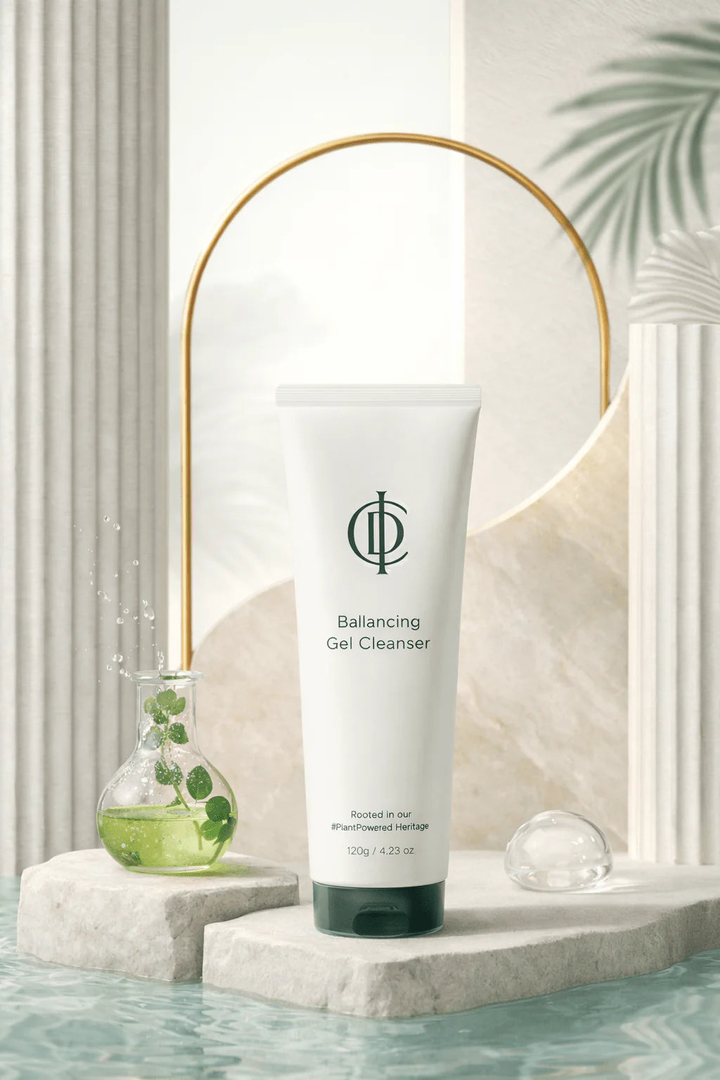 Tube of Balancing Gel Cleanser on a marble surface with decorative elements