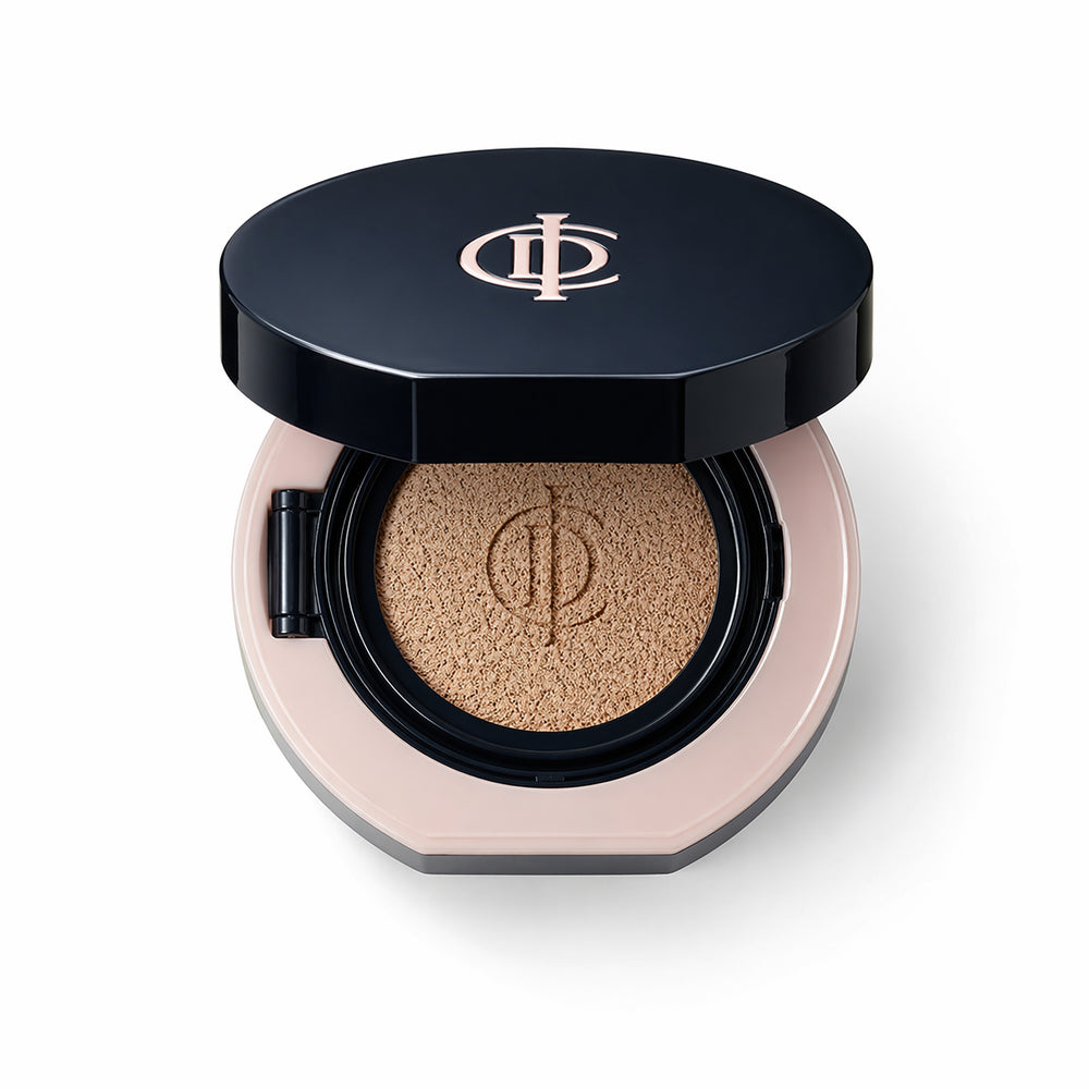 Makeup compact with brand logo on a white background