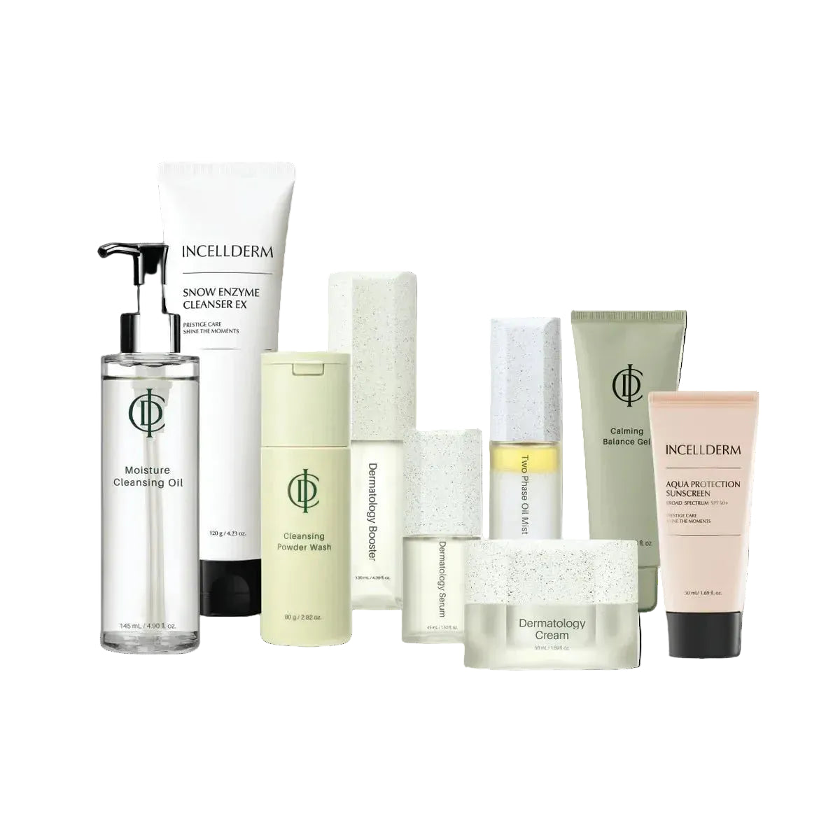 Collection of INCELLDERM skincare products on a white background