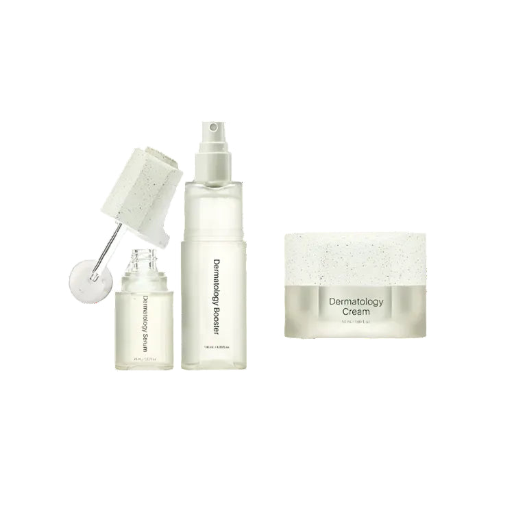 Minimalist Korean skincare set featuring Dermatology Serum, Booster, and Cream in frosted glass packaging with white speckled caps.