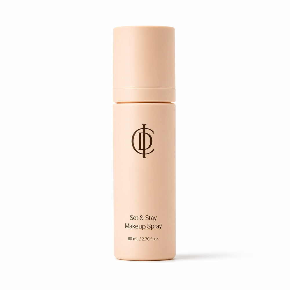 Makeup spray bottle with a logo on a white background